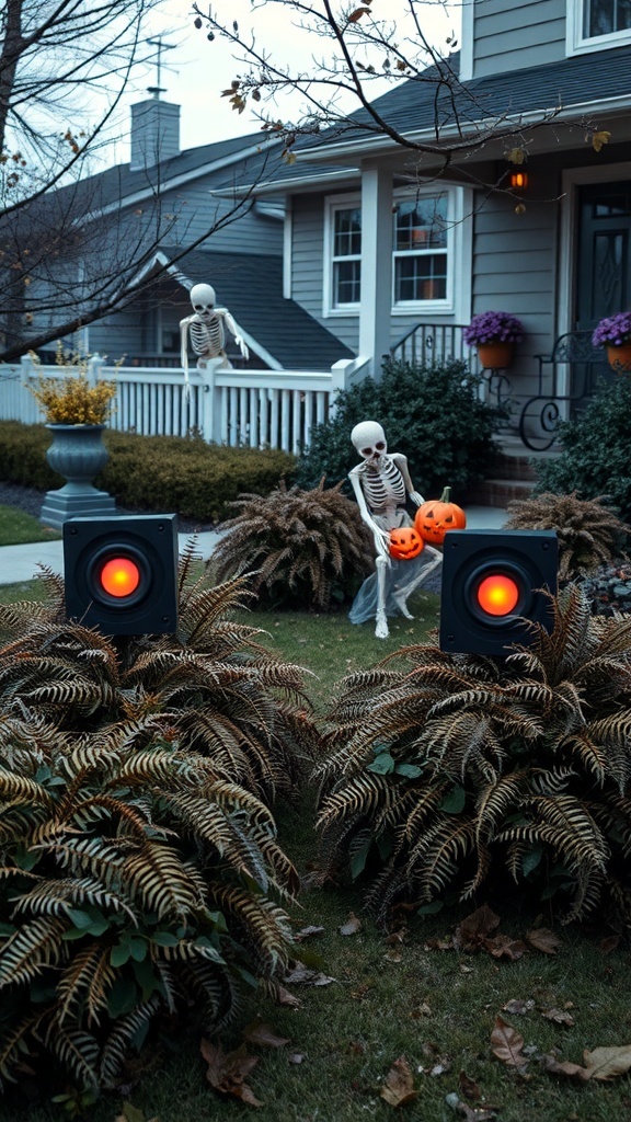 Halloween outdoor decorations featuring skeletons and speakers