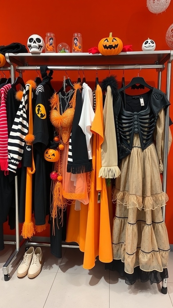 A display of Halloween costumes and accessories on a rack, featuring orange and black colors, skeletons, and pumpkins.