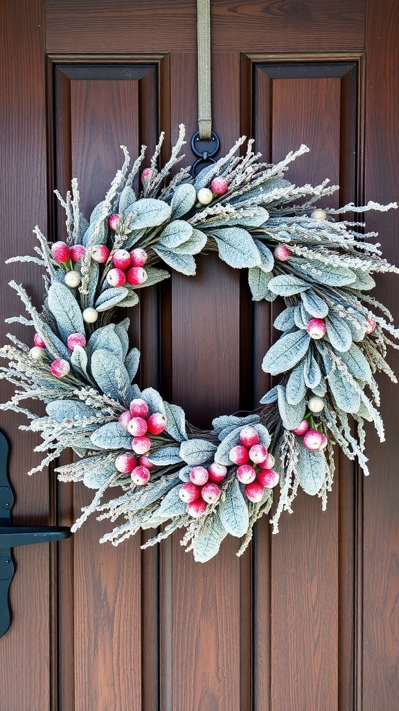 A winter wreath featuring frosted berries and twigs, hanging on a wooden door.