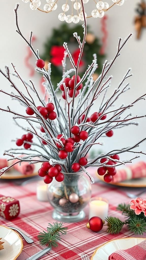 A winter table centerpiece featuring frosted branches and red berries in a glass vase.