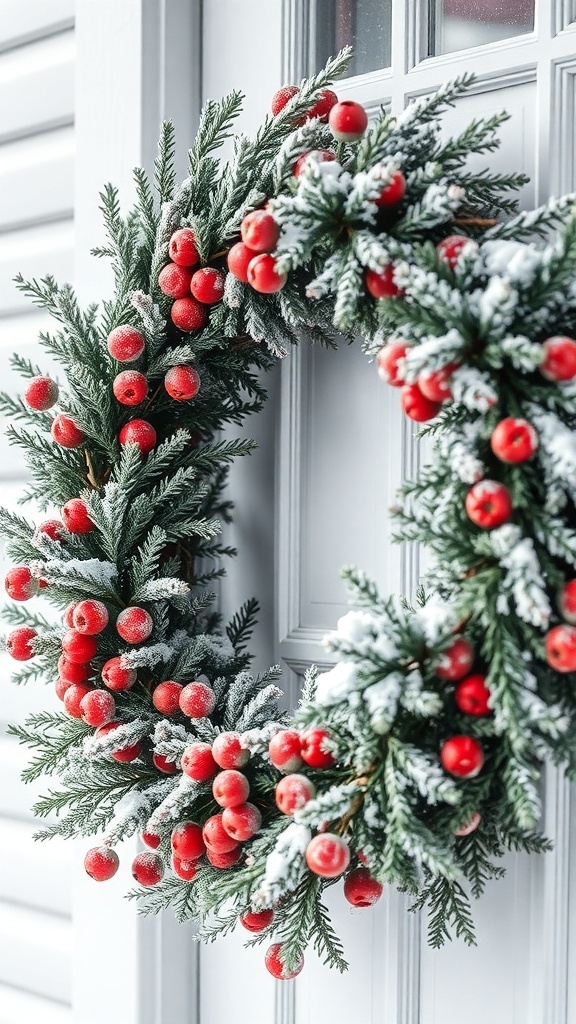 A winter wreath featuring frosted greenery and bright red berries.