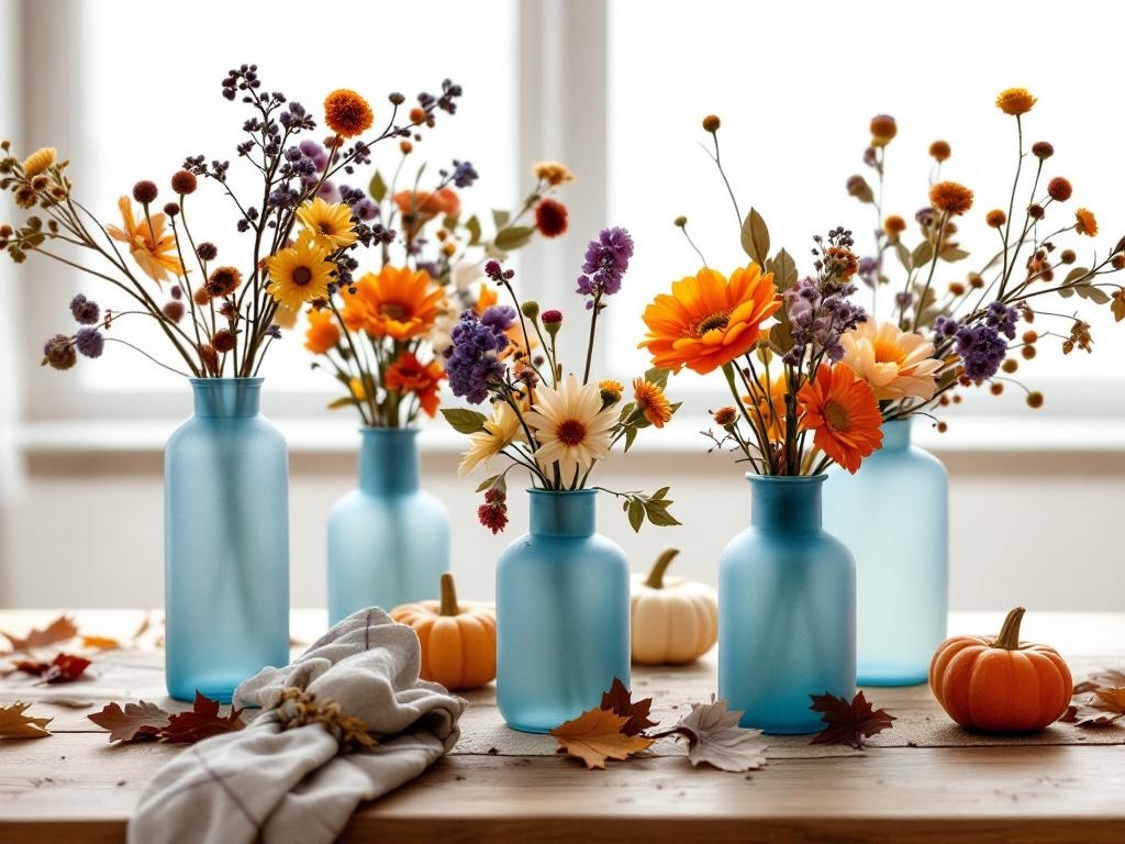 A collection of frosted blue glass vases filled with colorful flowers, surrounded by small pumpkins and autumn leaves on a wooden table.