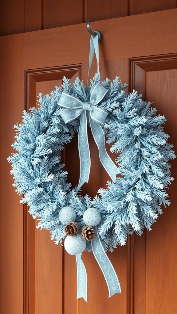A frosted blue wreath with pinecones and a ribbon, hanging on a wooden door.