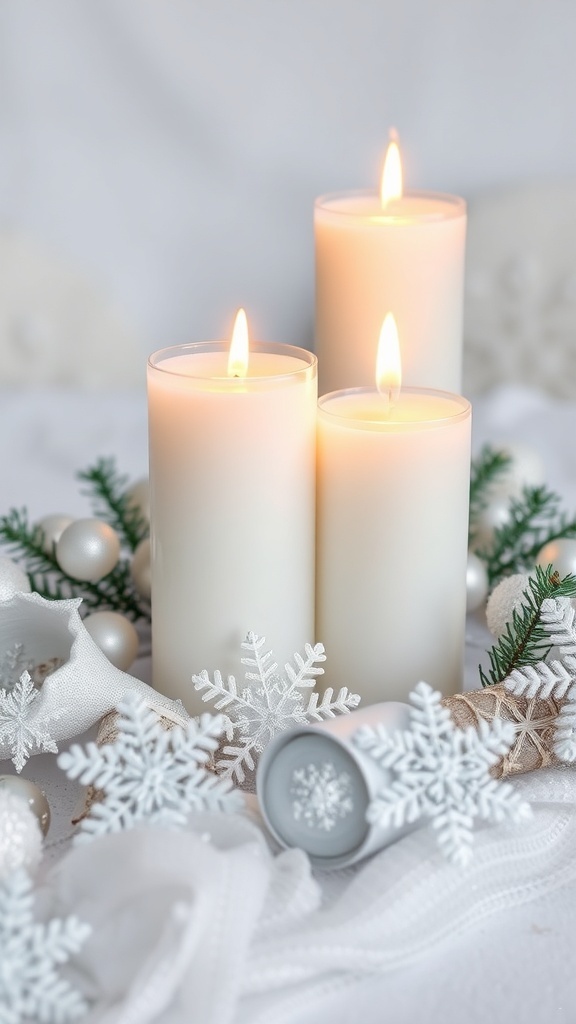 A frosted candle display featuring three white candles surrounded by snowflakes and greenery.