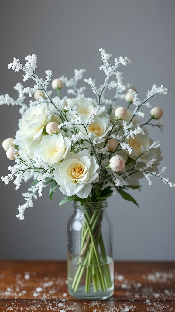 A frosted floral centerpiece featuring white roses and delicate accents in a glass vase.