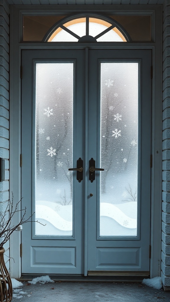A front door with frosted glass featuring snowflake designs, surrounded by a snowy landscape.