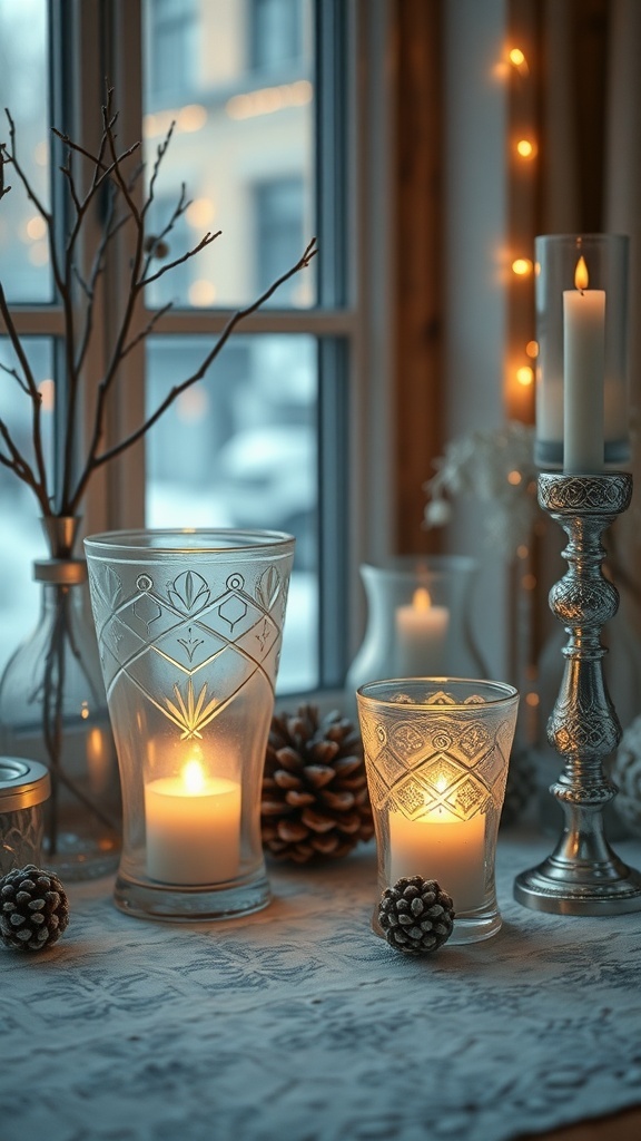 A cozy winter decor setup featuring frosted glass candle holders, pinecones, and warm candlelight.
