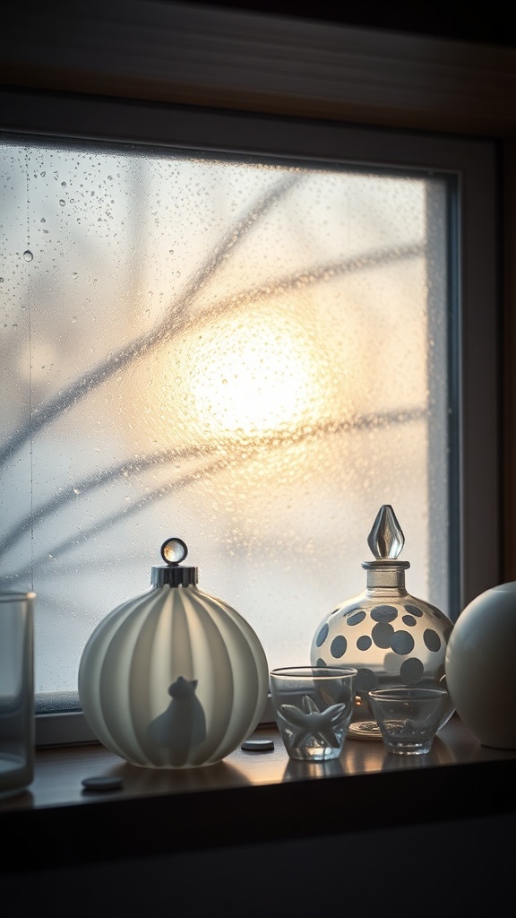 Frosted glass decorative items on a windowsill with a soft sunset in the background.