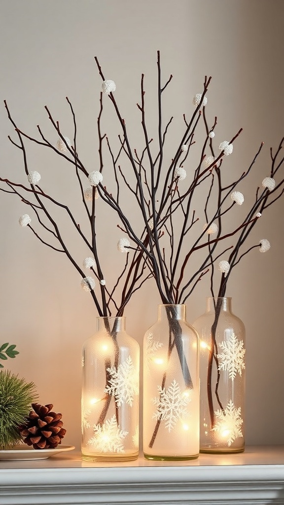 Frosted glass vases with snowflake designs holding twigs and fairy lights