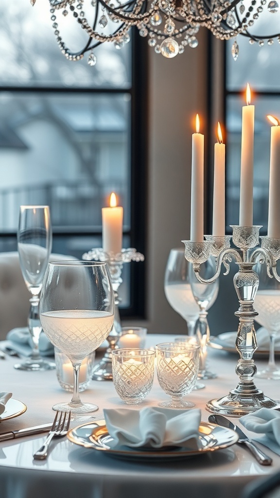 A winter tablescape featuring frosted glass and crystal accents with candles and elegant tableware.