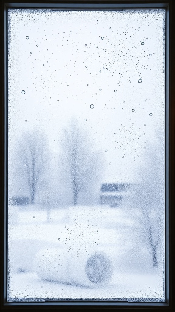 Frosted glass window with snowflake patterns and a snowy landscape outside.