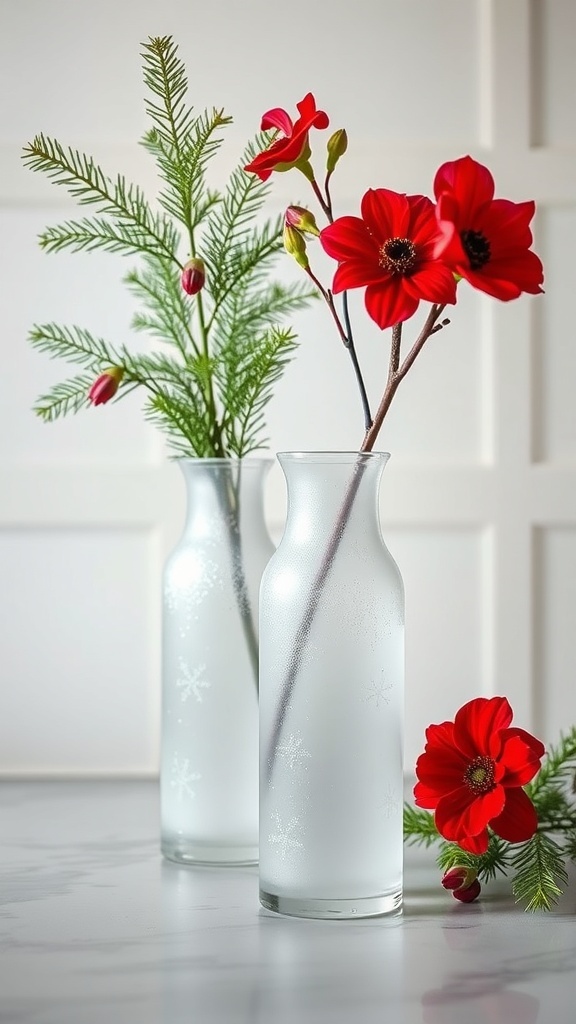 Frosted glass vases with greens and red flowers on a countertop.