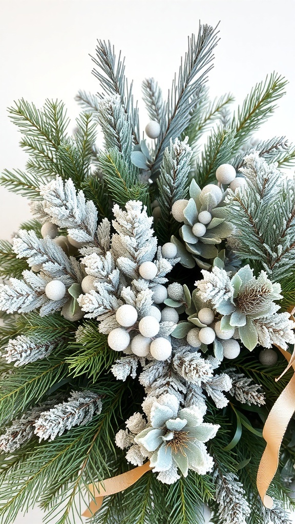 A beautiful arrangement of frosted greenery with white berries and soft flowers.
