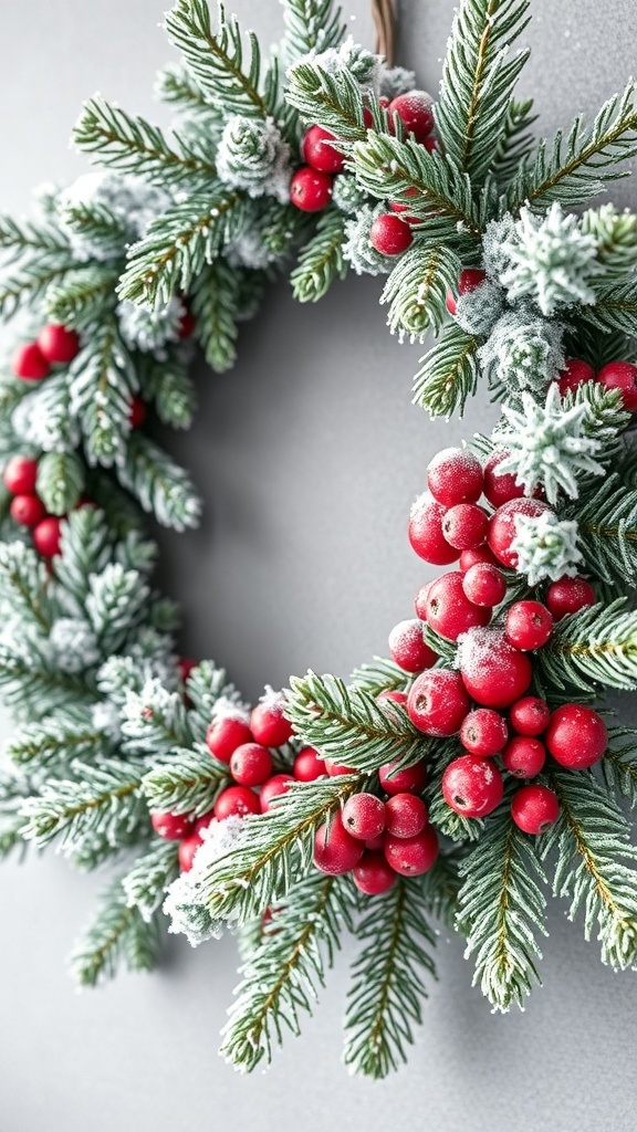A frosted pine wreath adorned with bright red berries.