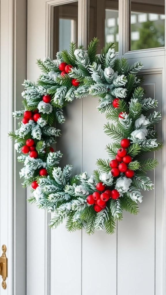 A frosted pine wreath adorned with red berries, hanging on a door.