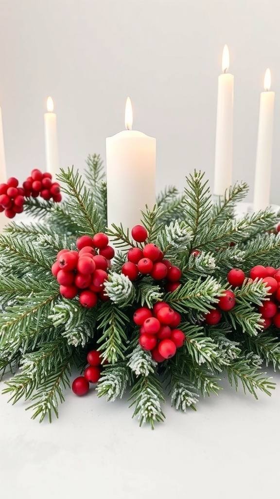 A festive table centerpiece featuring frosted pine, red berries, and white candles.