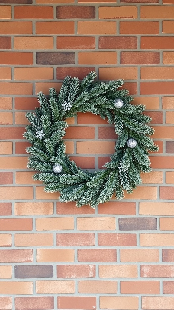 A frosted pine and cedar wreath with silver ornaments on a brick wall.