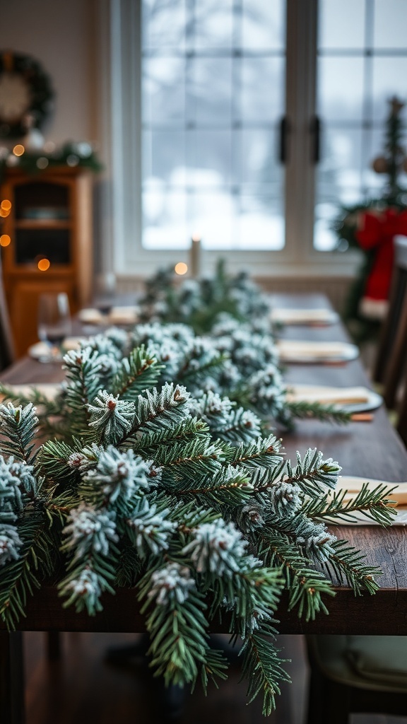 A beautifully decorated table with frosted pine branches as the centerpiece, creating a festive atmosphere.