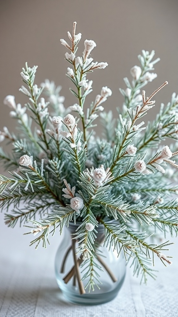 A beautiful arrangement of frosted pine branches in a clear vase.