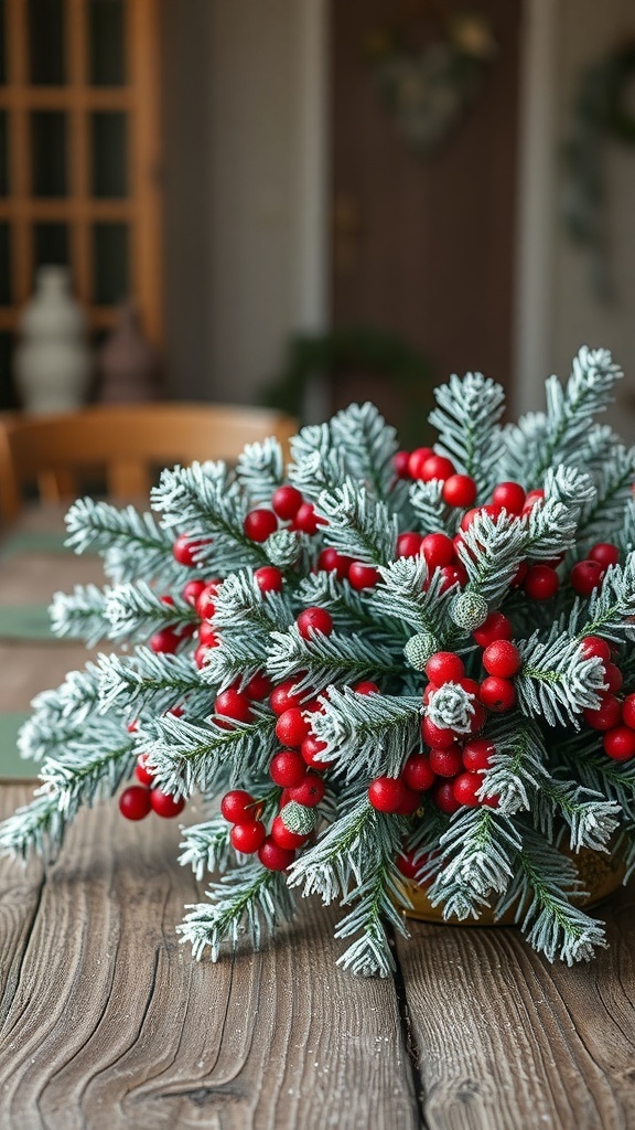 A frosted pine centerpiece with red berries on a wooden table
