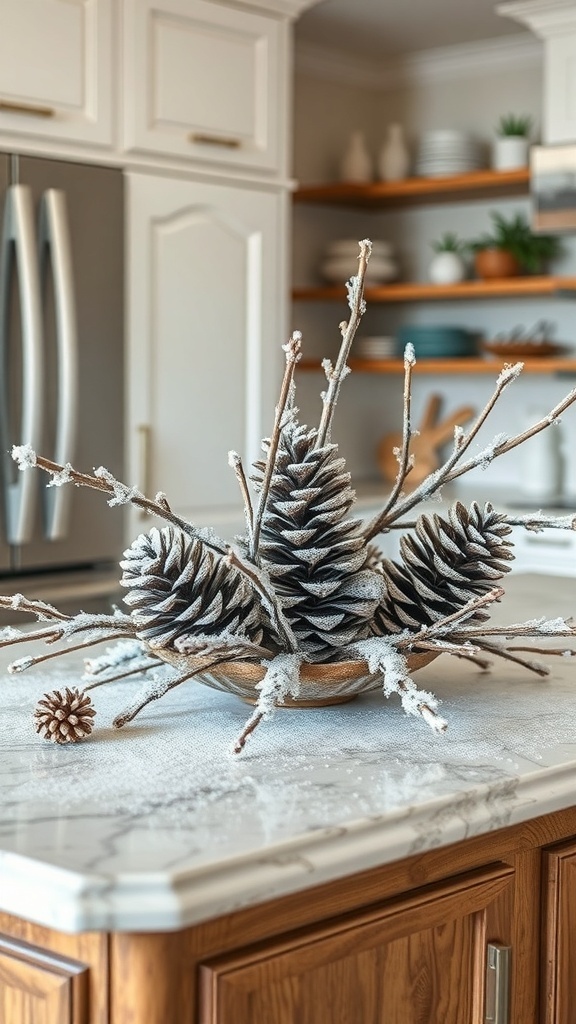 A decorative arrangement of frosted pinecones on a kitchen island.
