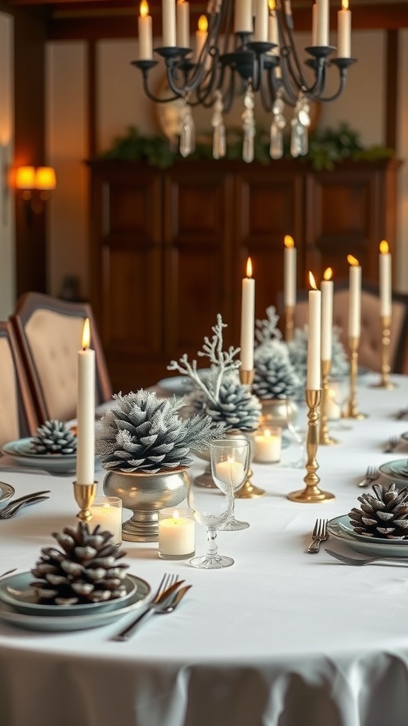 A beautifully set dining table featuring frosted pinecone centerpieces, candles, and elegant tableware.