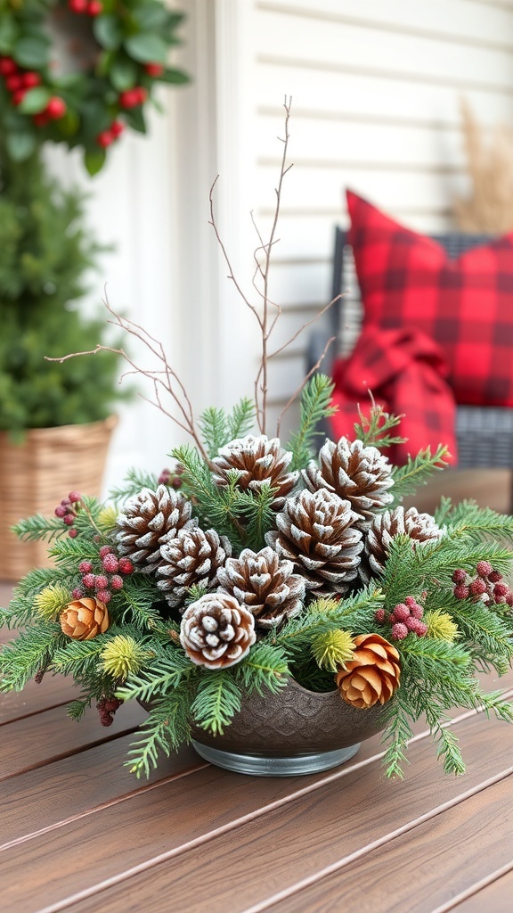 A centerpiece featuring frosted pinecones, colorful berries, and greenery in a decorative bowl.