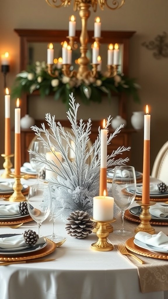 A beautifully set winter table featuring frosted pinecone centerpieces, golden candle holders, and elegant tableware.