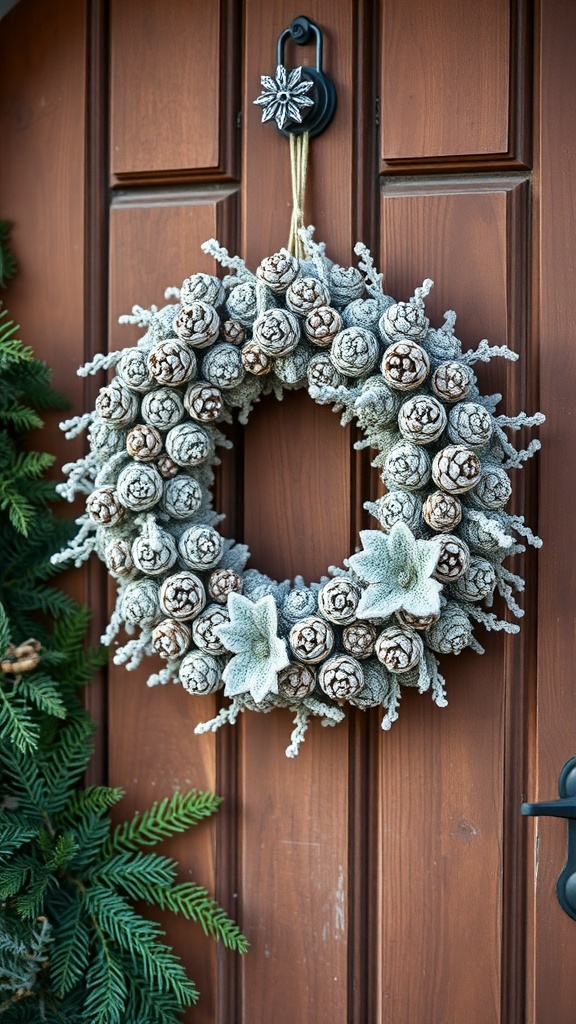 A frosted pinecone wreath hanging on a wooden door.