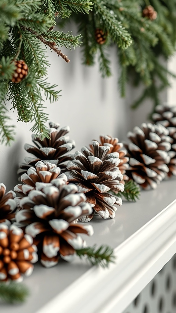 Frosted pinecones arranged on a fireplace mantle with greenery