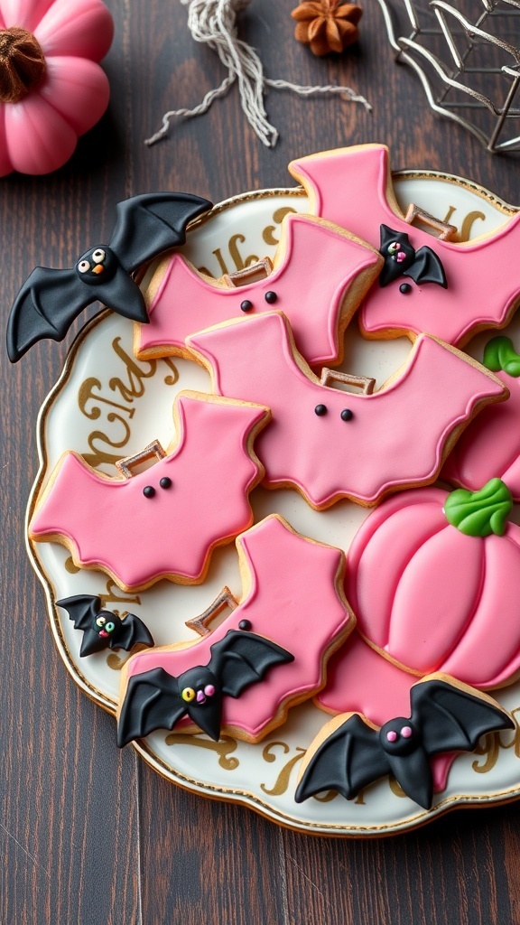 A plate of frosted pink bat-shaped cookies with black icing and a small pumpkin decoration