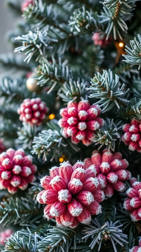 Frosted pink pinecones on a Christmas tree