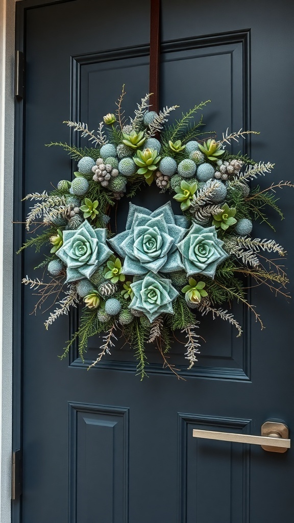 A beautiful winter wreath featuring frosted succulents and greenery on a dark front door.