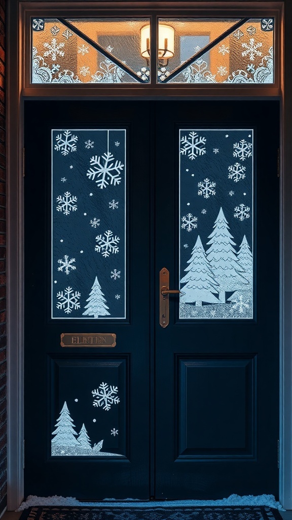 A wooden front door with frosted windows decorated with snowflake designs.