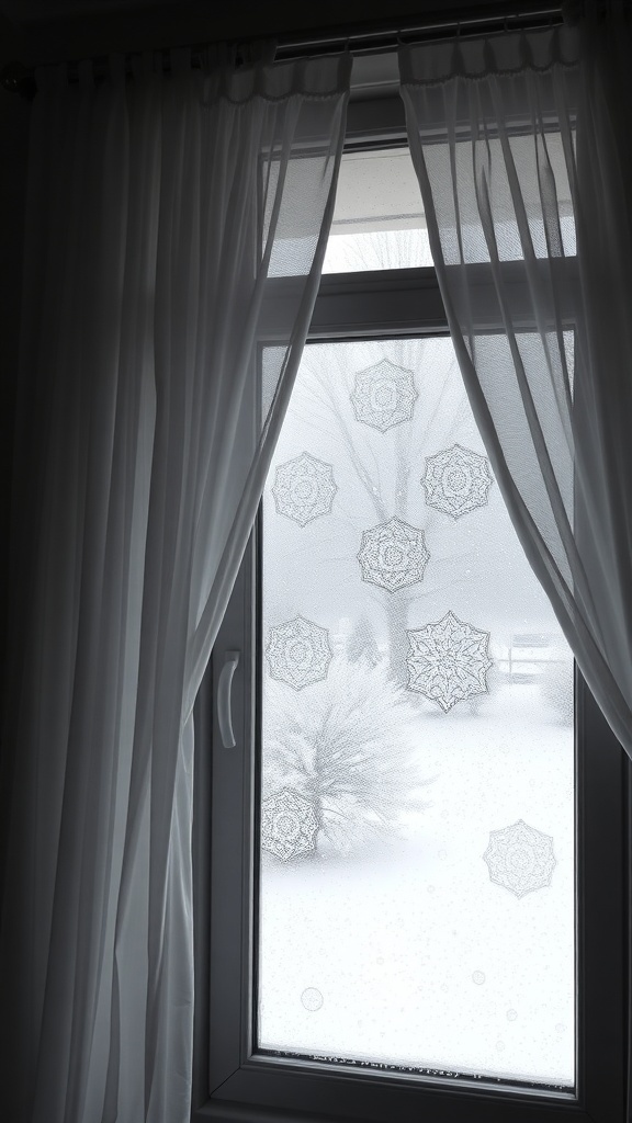 Frosted window with lace snowflake decorations and sheer curtains.