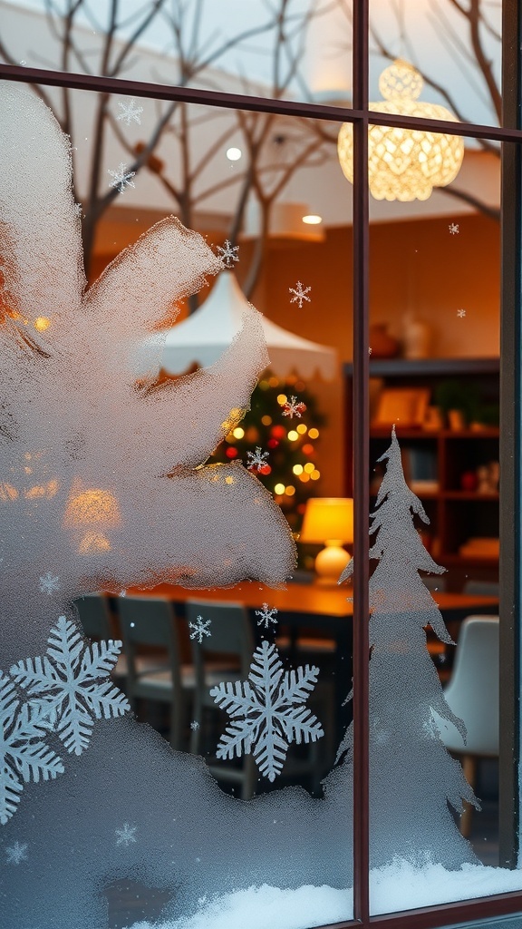 Frosted window decorations featuring snowflakes and trees