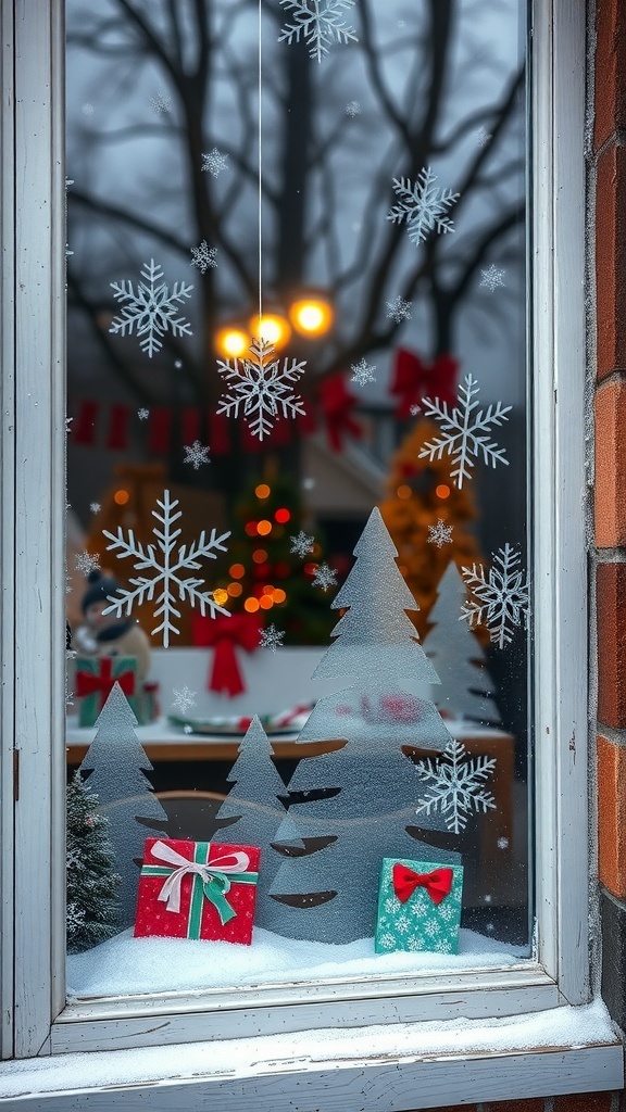 Frosted window display with snowflakes and a festive atmosphere.