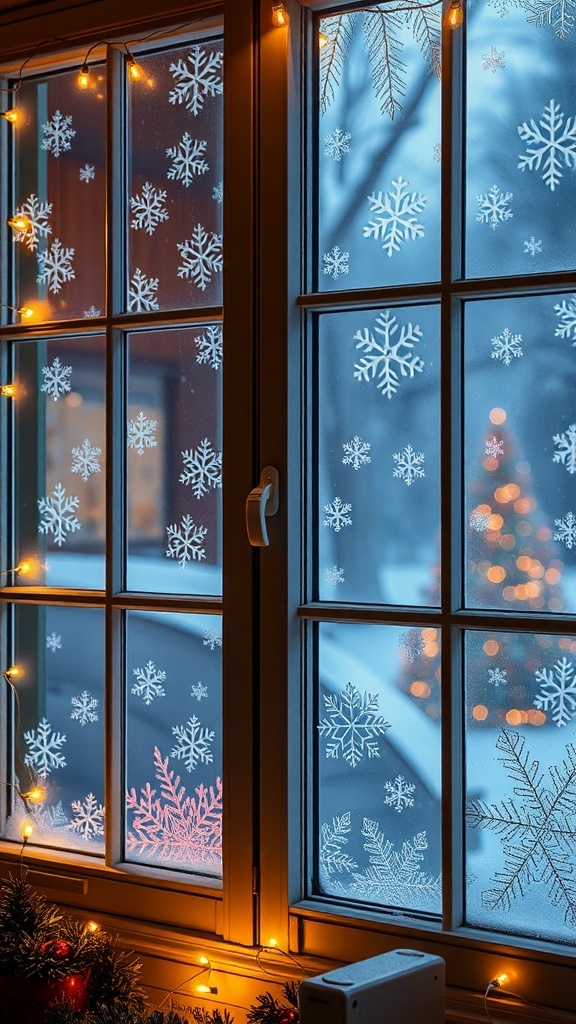 Frosted window with snowflake designs and warm lights