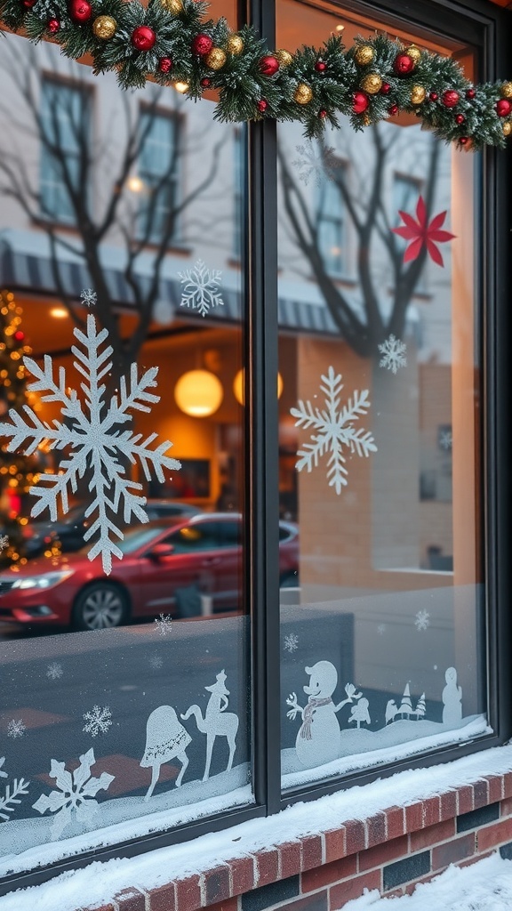 Frosted window display with snowflakes and holiday decorations.