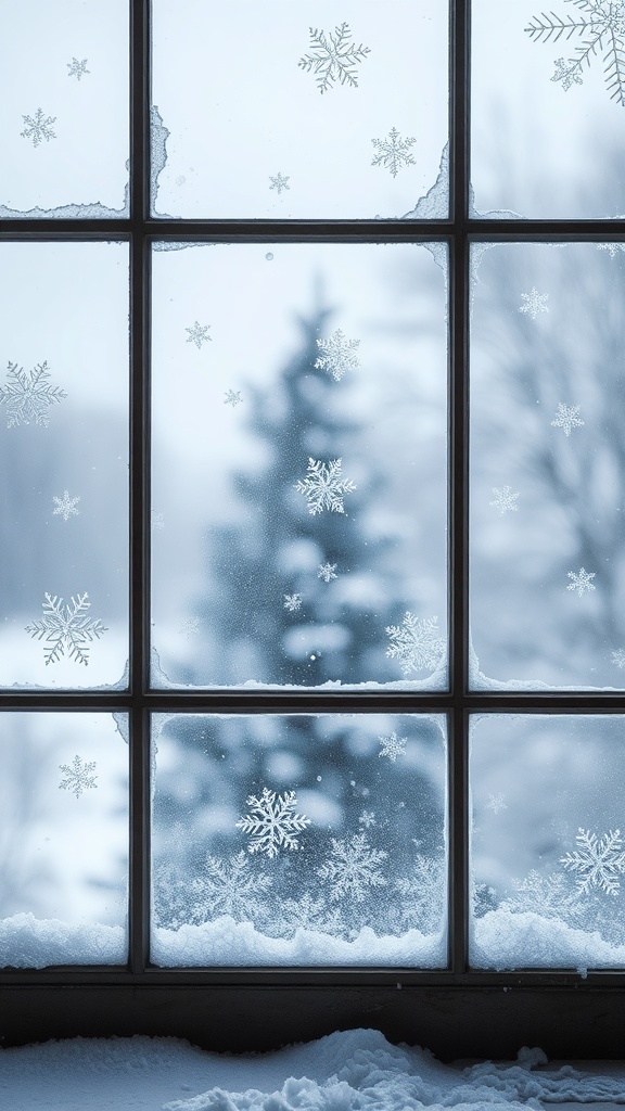 Frosted window panes with snowflake patterns and a snowy landscape outside.