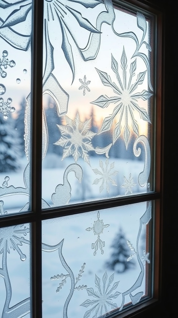 Frosted window panes with intricate designs and a snowy landscape in the background