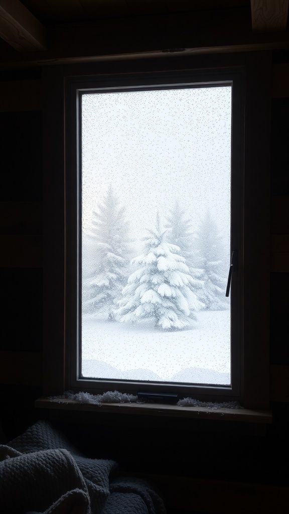 A frosted window view showing snow-covered trees outside a cozy cabin.