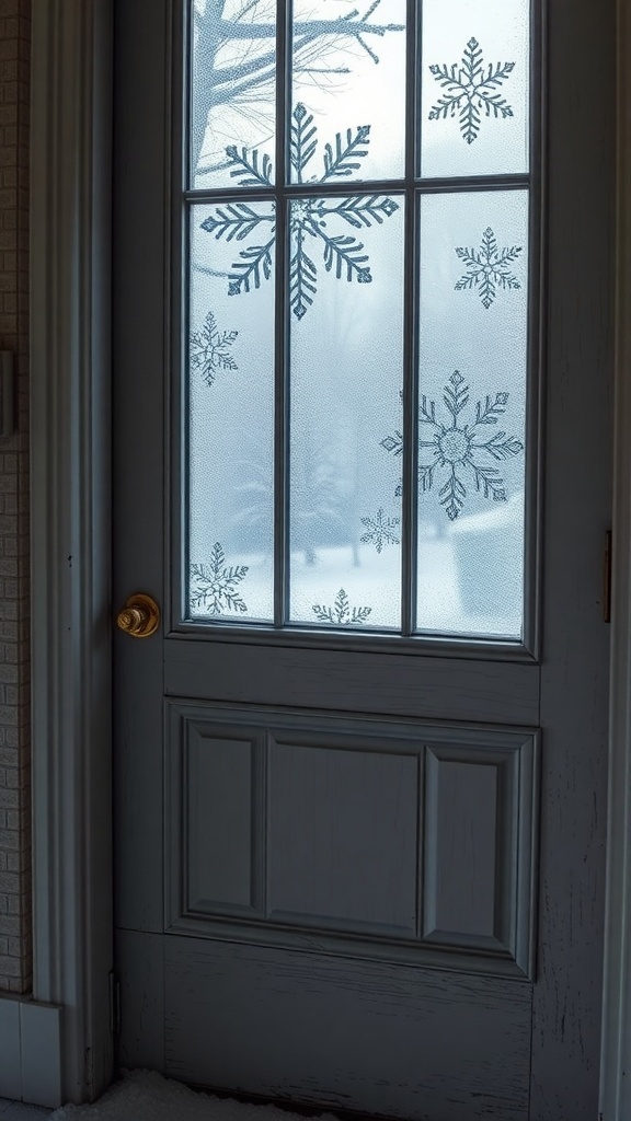 A door with frosted windowpane designs featuring snowflakes.
