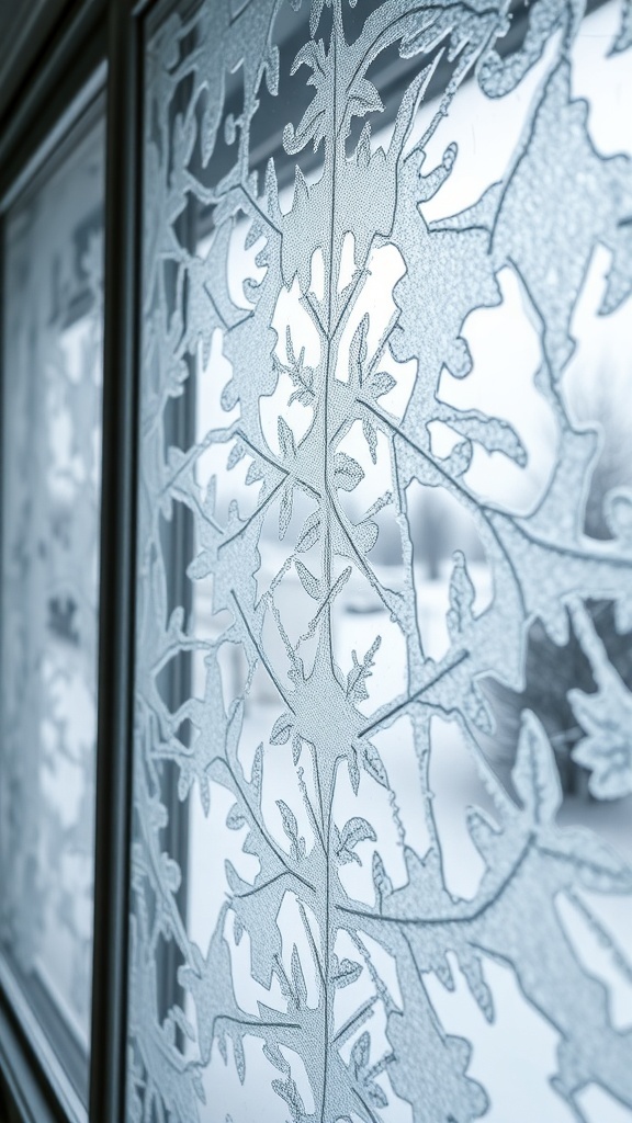 Frosted window with intricate patterns and a snowy view outside.