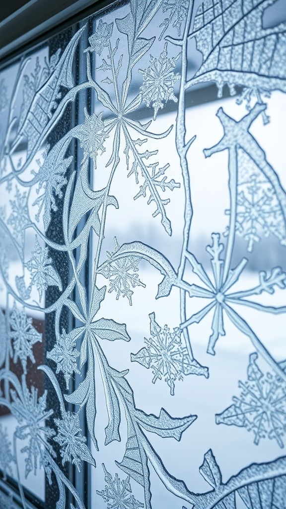 Frosted window with intricate ice patterns