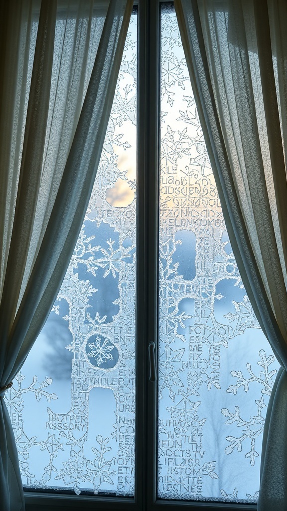 Frosted window with snowflake patterns and sheer curtains.