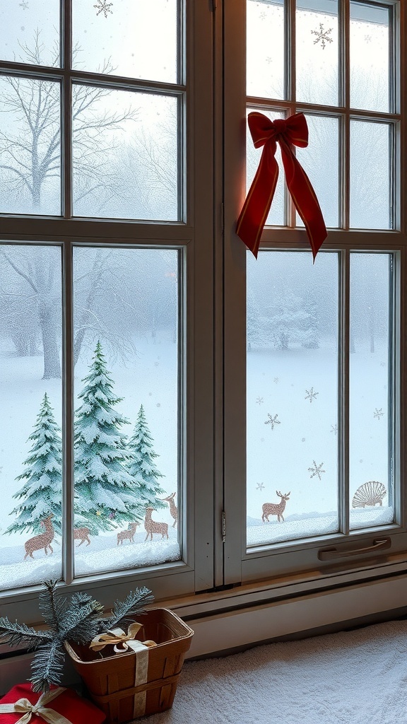 Frosted window with holiday decorations, featuring snowy trees and reindeer