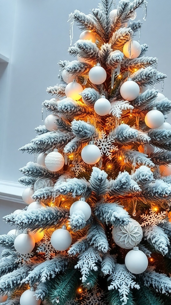 A frosted Christmas tree decorated with white ornaments and warm lights.