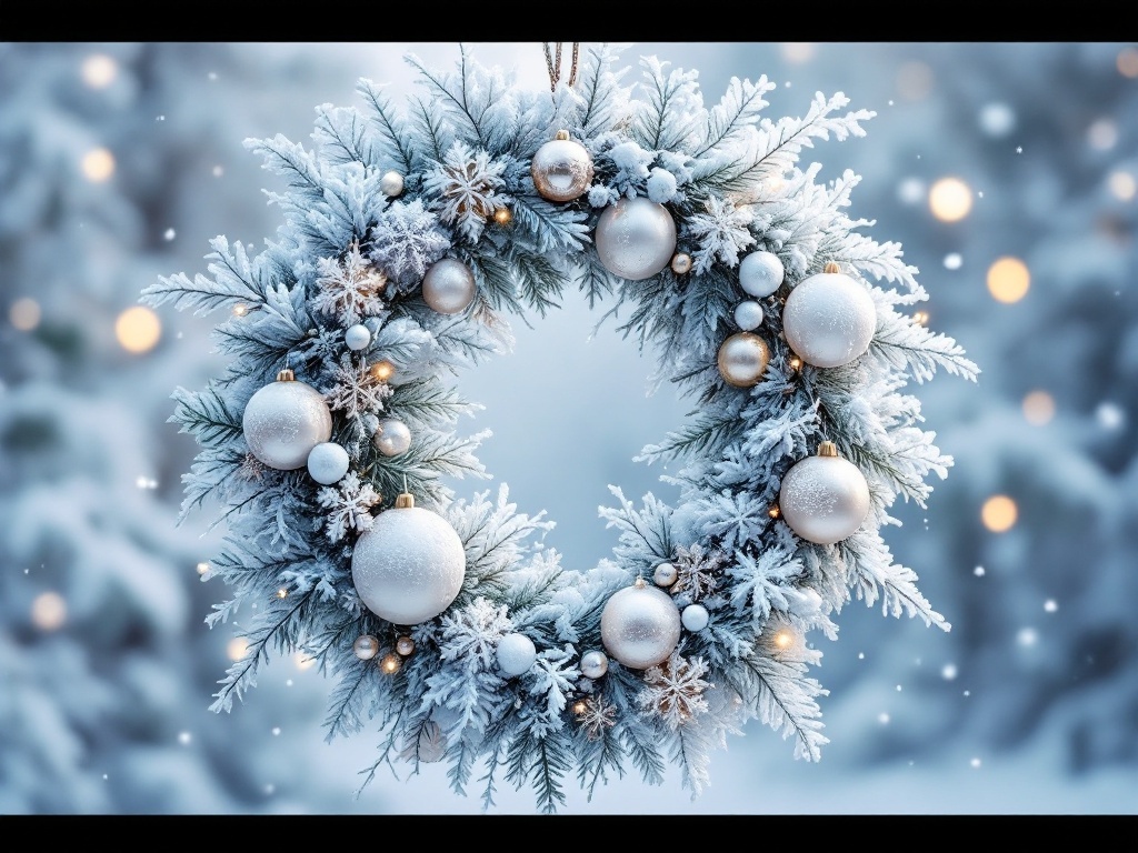 A frosted winter wreath with white and silver ornaments, set against a snowy background.