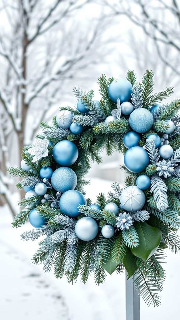 A winter wreath featuring blue and silver ornaments, surrounded by greenery.